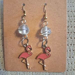 Beautiful Pink Flamingo Earrings With Wire Wrapped Pearlescent Bead
